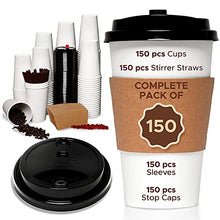 Load image into Gallery viewer, 150 Pack 16oz Disposable Coffee Cups with Lids, Sleeves and Straws - To Go Coffee Cups 16 oz White Paper Cups - Insulated Hot Cups Bulk Disposable Cups - Small Business Togo, Tea, Hot Chocolate, Cocoa
