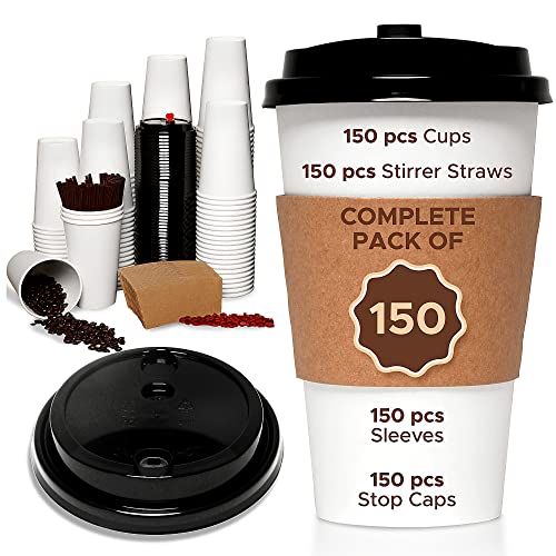150 Pack 16oz Disposable Coffee Cups with Lids, Sleeves and Straws - To Go Coffee Cups 16 oz White Paper Cups - Insulated Hot Cups Bulk Disposable Cups - Small Business Togo, Tea, Hot Chocolate, Cocoa