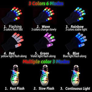 Led Finger Gloves, Kids Led Gloves LED Shoelaces Set Light Up Toys for Boys Girls, Flashing Gloves for Christmas Thanksgiving Birthday Glow Halloween Costume Party