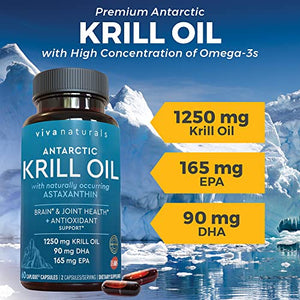 Krill Oil Supplement 1250mg - Antarctic Krill Oil Omega 3 Providing Astaxanthin, DHA and EPA, Joint Support and Brain Supplement with No Fishy Aftertaste (60 Capsules)