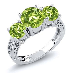 Gem Stone King Sterling Silver Round Green VS Peridot 3-Stone Women's Ring (2.35 Carat Gemstone Birthstone) (Size 7)