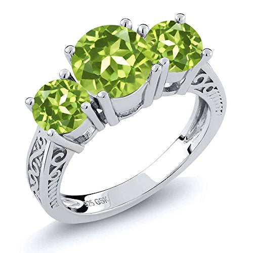 Gem Stone King Sterling Silver Round Green VS Peridot 3-Stone Women's Ring (2.35 Carat Gemstone Birthstone) (Size 7)