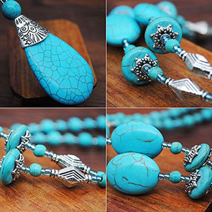 Boho Turquoise Long Beaded Necklace For Women Vintage Ethnic Alloy Pendant Jewelry (Turquoise Long Necklace)