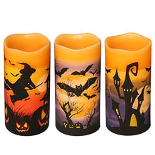 Load image into Gallery viewer, DRomance Flameless Flickering Candles Battery Operated with 6 Hour Timer, Set of 3 Real Wax LED Pillar Candles Warm Light with Castle, Witch, Bats Decal Halloween Decor Candles for Kids(D3&quot; x H6&quot;)
