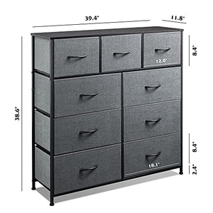 WLIVE 9-Drawer Dresser, Fabric Storage Tower for Bedroom, Hallway, Nursery, Closets, Tall Chest Organizer Unit with Textured Print Fabric Bins, Steel Frame, Wood Top, Easy Pull Handle, Charcoal Gray