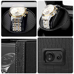 Automatic Single Watch Winder in Wood Shell and Black Leather, Japanese Quiet Motor (PU crocodile skin)