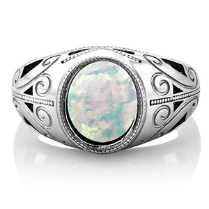 Gem Stone King 925 Sterling Silver Oval White Simulated Opal Men's Ring 4.00 Ct (Size 8)