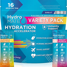 Load image into Gallery viewer, HydroMATE Electrolyte Powder Packets Drink Mix Hydration Accelerator Rapid Hydrate Powder Low Sugar Single Serving Stick Rehydrate Fast Hangover Party Recovery +1000mg Vitamin C Variety Bag (16 Count)
