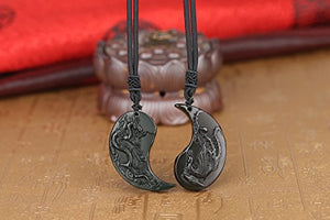 COAI Black Obsidian Dragon and Phoenix Yin Yang Pendant Necklaces for Couples