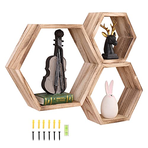 WONFUlity Hexagon Floating Shelves Wall Mounted Wood Farmhouse Storage Honeycomb Wall Shelf, Hexagonal Wall Shelves for Bedroom, Living Room, Office, 3pc, Rustic Fire Roast
