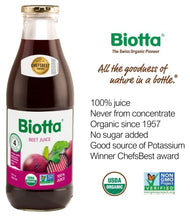 Load image into Gallery viewer, Biotta Organic Beet Juice - 100% Natural Beetroot Superfood - Helps Support Blood Pressure, Brain, Stamina &amp; Energy - Natural Nitric Oxide &amp; Potassium Booster - Gluten Free (32 Fl Oz, Pk of 4)
