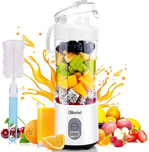 Olivivi Portable Blender, Multifunctional Personal Blender Mini Smoothie Blender 6 Powerful Blades, 4000mAh Rechargeable USB Juicer Cup Bottle with strainer Cleaning Brush for Travel BPA Free White