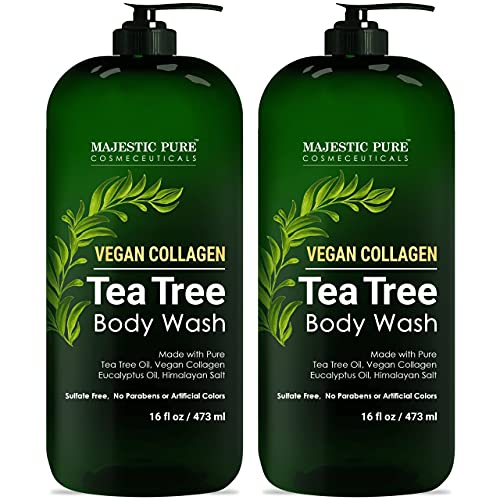 MAJESTIC PURE Tea Tree Body Wash with Collagen - Helps Nail Fungus, Athletes Foot, Ringworms, Jock Itch, Acne, Eczema & Body Odor - Soothes Itching - (Packaging May Vary), Set of 2, 16 fl oz