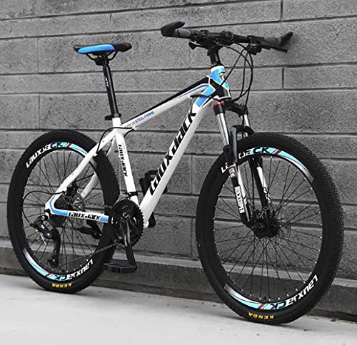 HIRUNS Full Mountain Bike,Mens and Womens Professional 21 Speed Gears 26in Bicycle, Twist Shift, White and Blue