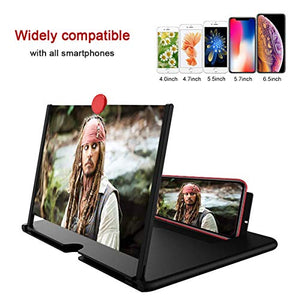 12'' 3D Screen Magnifier for Cell Phone, HD Smart Phones Screen Enlarger Projector Movie Amplifier with Foldable Stand for iPhone Xs/XR/X/8/8 Plus/7/7 Plus/6S Samsung Galaxy S7 and All Mobile Phones