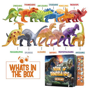 Pack of 12 Toy Dinosaurs Figures With Interactive Dinosaur Sound Book - Realistic Looking Dino Toys for Boys and Girls 3 Years Old & Up