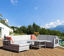 Load image into Gallery viewer, DECMICO 8-Piece Patio Rattan Sectional Sofa Sleeper, Outdoor Furniture Conversation Set for Garden and Lawn with Wicker Coffee Table and Light Grey Waterproof Cushions
