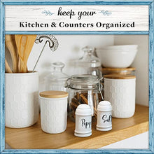 Load image into Gallery viewer, Home Acre Designs Salt and Pepper Shakers set Farmhouse Kitchen Decor Ceramic Salt Shaker -White Salt and Pepper Shaker - Wedding Registry Ideas Gifts Rustic Salt and Pepper Set Holder Table Decor
