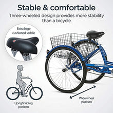 Load image into Gallery viewer, Schwinn Meridian Adult Tricycle with 26-Inch Wheels in Blue, with Low Step-Through Aluminum Frame, Front and Rear Fenders, Adjustable Handlebars, Large Cruiser Seat, and Rear Folding Basket
