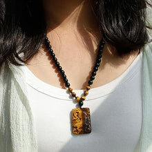 Load image into Gallery viewer, Natural Crystal Tigers Eye Necklace - Black Obsidian Beaded Protection Necklace, Hand Carved Tiger Necklace Lucky Amulet Gift for Men
