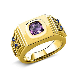 Gem Stone King 1.76 Ct Cushion Checkerboard Purple Amethyst Blue Created Sapphire 18K Yellow Gold Plated Silver Men's Ring (Size 10)
