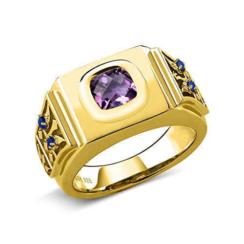 Gem Stone King 1.76 Ct Cushion Checkerboard Purple Amethyst Blue Created Sapphire 18K Yellow Gold Plated Silver Men's Ring (Size 10)