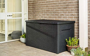 KETER Java XXL 230 Gallon Resin Rattan Look Large Outdoor Storage Deck Box for Patio Furniture Cushions, Pool Toys, and Garden Tools, Espresso Brown