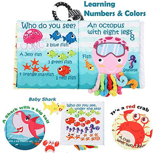 Fish Soft Cloth Book, Crinkle Baby Books Toys Shark Tails Soft Activity Early Education Toy for Babies,Toddlers,Infants,Kids, Teether Ring,Teething Baby Book Baby Shark,Octopus, Ocean Sea Animal Books
