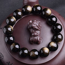 Load image into Gallery viewer, JAJAFOOK Tibetan 28 Mala Bead Gold Obsidian Buddhist Buddha Prayer Beads Bracelet,Stretch String,Unisex

