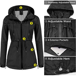 sunseen Women's Outdoor Waterproof Raincoat Packable Lightweight Rain Jacket Hooded Outerwear Trench Coat Travel Windbreaker (Grey, XL)