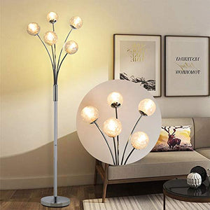 Modern Globe LED Floor Lamps for Living Room-DLLT Standing Lamps with 5 Lights for Bedroom, Tall Pole Tree Accent Lighting for Mid Century, Contemporary Home, G9 Bulb(Not Included) Glass Shade Silver