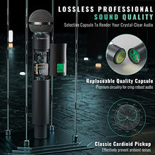 Load image into Gallery viewer, Wireless Microphone System, Phenyx Pro 4-Channel UHF Wireless Mic, Fixed Frequency Metal Cordless Mic with 4 Handheld Dynamic Microphones, 260ft Range, Microphone for Singing,Church,DJ (PTU-5000A)

