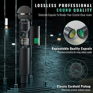 Wireless Microphone System, Phenyx Pro 4-Channel UHF Wireless Mic, Fixed Frequency Metal Cordless Mic with 4 Handheld Dynamic Microphones, 260ft Range, Microphone for Singing,Church,DJ (PTU-5000A)