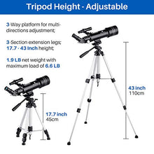 Load image into Gallery viewer, BNISE 70mm Portable Refractor Telescope &amp; HD Binoculars, Fully Coated Glass Optics, Ideal Telescope for Kids Beginners, with Adjustable Tripod Smartphone Adapter Moon Filter and Carry Bag
