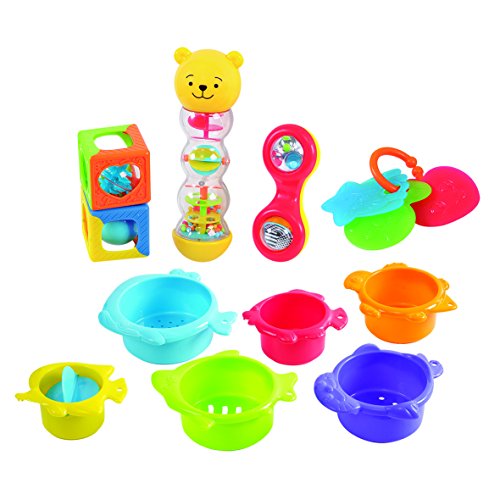 PlayGo Rainbow Baby Starter & Nesting Toys Baby 12pcs Baby Cups Rattles Tether Shaker Grab and Spin Rattle Building Set for Indoor Outdoor Bathtub, and Beach Fun Toy