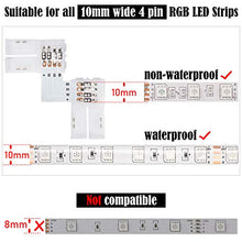 Load image into Gallery viewer, L Shape 4-Pin LED Connectors 10-Pack JACKYLED 10mm Wide Right Angle Corner Connectors Solderless Adapter Connector Terminal Extension with 22Pcs Clips for 3528/5050 SMD RGB 4 Conductor LED Light Strips
