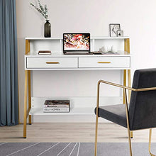 Load image into Gallery viewer, Modern Writing Desk with Hutch - 39” x 19” Workstation Computer Work Study Table for Home Office Furniture Vanity Make Up Desk, 3 Tier Storage Shelf and 2 Drawers (White/Gold)
