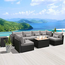 Load image into Gallery viewer, DINELI Patio Furniture Sectional Sofa with Gas Fire Pit Table Outdoor Patio Furniture Sets Propane Fire Pit (Light Grey-Rectangular Table)
