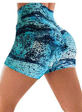 Load image into Gallery viewer, Women's High Waisted Tummy Control Athletic Yoga Shorts Rave Printed Ruched Butt Lifting Biker Workout Running Shorts Water Blue Medium
