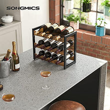 Load image into Gallery viewer, SONGMICS Countertop Wine Rack, 3-Tier Display Wine Storage Shelves, Holds 12 Bottles, Bamboo Wobble-Free Bottle Holder for Kitchen Bar Dining Room Living Room, Rustic Brown and Black UKWR011B01
