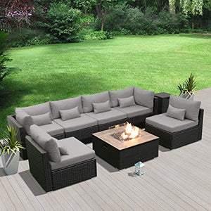 DINELI Patio Furniture Sectional Sofa with Gas Fire Pit Table Outdoor Patio Furniture Sets Propane Fire Pit (Light Gray-Square Table)