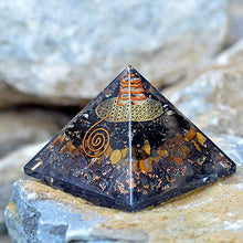 Load image into Gallery viewer, Orgonite Crystal Triple Protection Orgone Pyramid with Black Tourmaline, Tiger Eye and Hematite Crystals – Flower of Life Pyramid Dispels Negative Energy to Promote Luck and Prosperity
