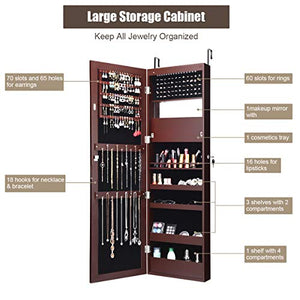 Giantex 15 LEDs Jewelry Cabinet Wall Door Mounted, Lockable Jewelry Armoire with Full Length Mirror, Cosmetics Tray, Lipstick Brush Holders, Build-in Makeup Mirror, Jewelry Cabinet for Women Girls (Brown)