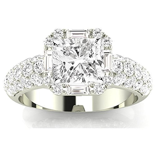 1.5 Carat GIA Certified Cushion-Cut 14K White Gold Designer Popular Halo Style Baguette and Pave Set Round Diamond Engagement Ring with a 0.75 Ct D-E VS1-VS2 Center