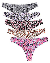 Load image into Gallery viewer, VOENXE Seamless Thongs for Women No Show Thong Underwear Women 5-10 Pack (G-5 Pack Leopard Print, Medium)
