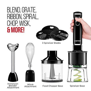 Chefman Electric Spiralizer & Immersion Blender/Vegetable Slicer 6-IN-1 Food Prep Combo Kit, Includes 3 Spiralizing Blade Attachments, Zoodle Maker; Grate, Ribbon, Spiral, Blend, Chop, and Puree,Black