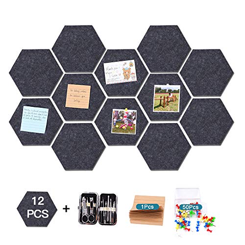 12 Pcs Thickened Felt Hexagon Tile Board,Cork Board, Memo Board,Adhesive Wall Bulletin Board, Message Board,for School,Office,Home,Kitchen,Bedroom and Shop,12 Pcs+Notepad+50 pcs Pin+Manicure Set