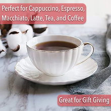 Load image into Gallery viewer, BTaT- Tea Cups and Saucers, Set of 6 (7 oz) with Gold Trim and Gift Box, Cappuccino Cups, Coffee Cups, White Tea Cup Set, British Coffee Cups, Porcelain Tea Set, Latte Cups, Espresso Mug, White Cup
