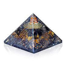 Load image into Gallery viewer, Orgonite Crystal Triple Protection Orgone Pyramid with Black Tourmaline, Tiger Eye and Hematite Crystals – Flower of Life Pyramid Dispels Negative Energy to Promote Luck and Prosperity
