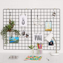 Load image into Gallery viewer, Fourberry Wire Wall Grid Panel - Large - 2 Pack (25.6 x 17.7 in) Black - Includes 20 Black Metal Clips, 5 S Hooks, 6 Wall Hooks - Modern Bulletin Board - Office Organizer Photo Display - Vision Board
